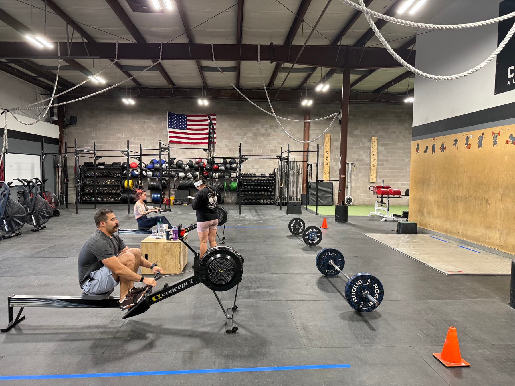 A rowing class underway on the main floor